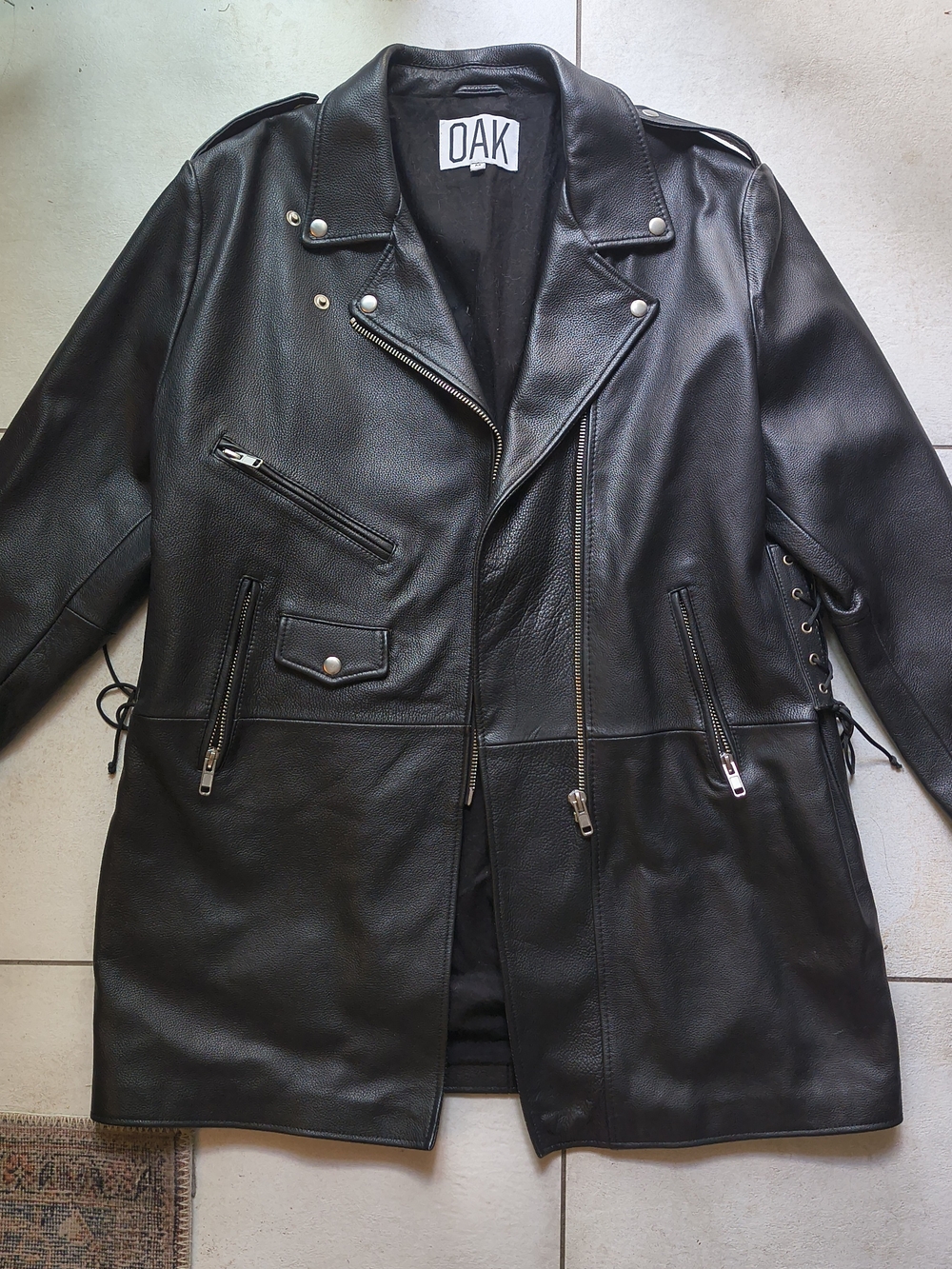 OAK NYC RARE Black Leather Long Moto Jacket with Zip Details Unisex